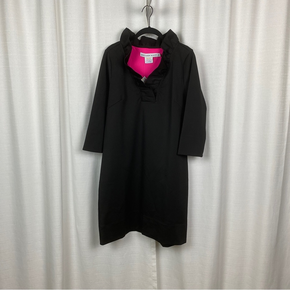 Gretchen Scott Designs Black Ruffle Neck Solid Shift Dress Sz.XL NWT